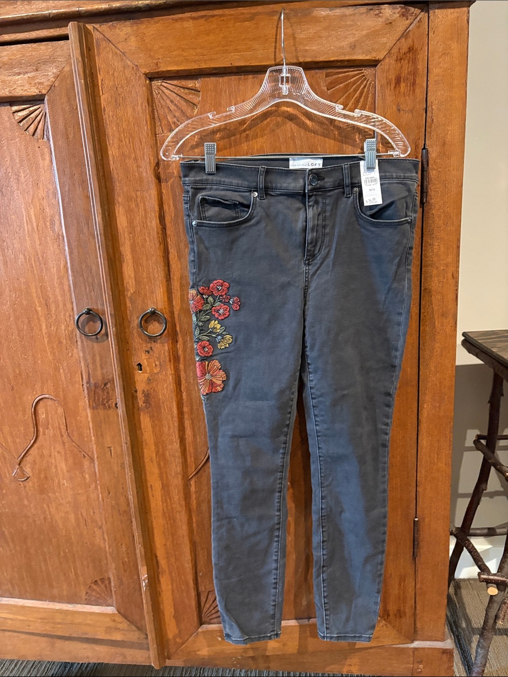 LOFT Charcoal Skinny Jeans with Floral Embroidery
